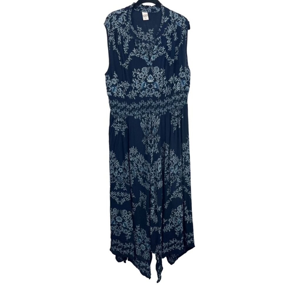 Bila Navy Blue Floral Print Asymmetrical Hem Maxi Dress Boho Indie - Size XL